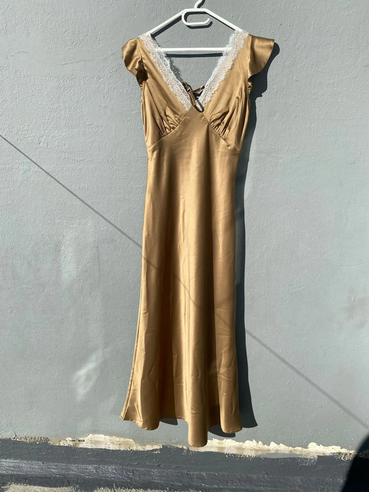 YDE Gold Satin Lace Trim Midi Dress