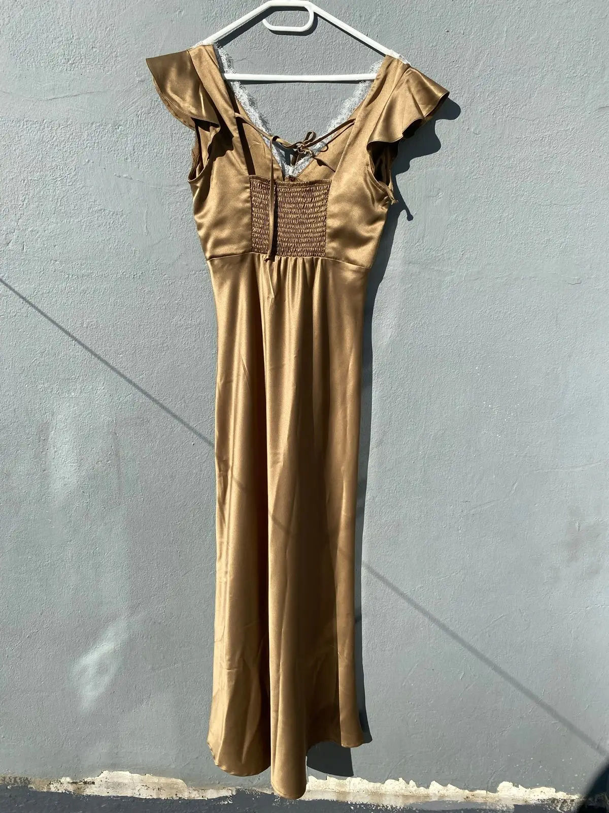 YDE Gold Satin Lace Trim Midi Dress