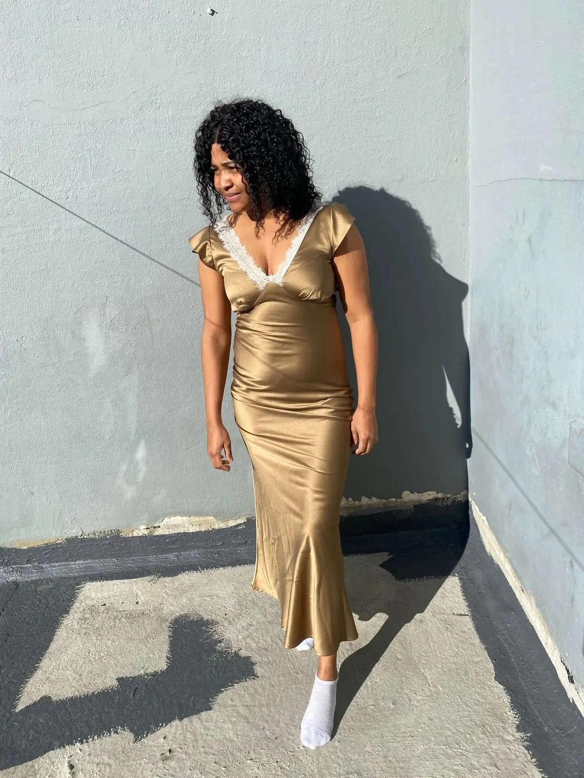 YDE Gold Satin Lace Trim Midi Dress