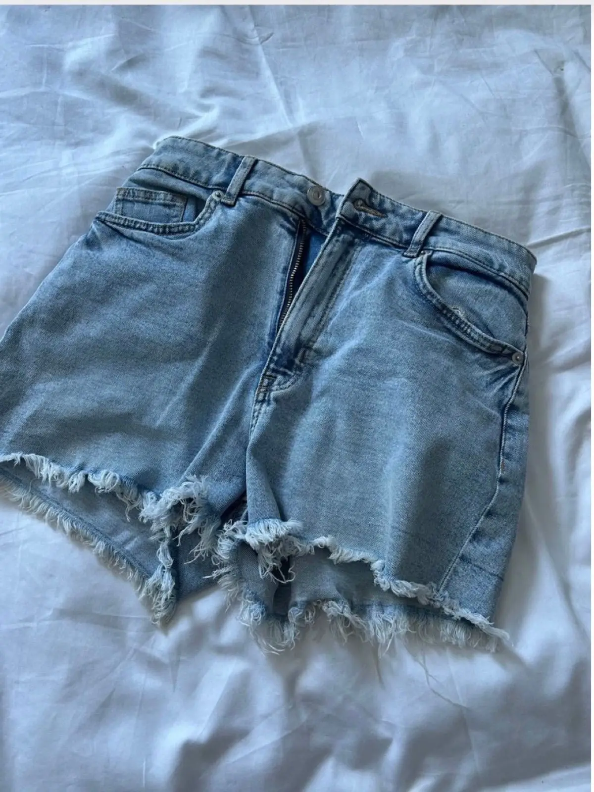 H&M Light Wash Denim Shorts with Frayed Hem