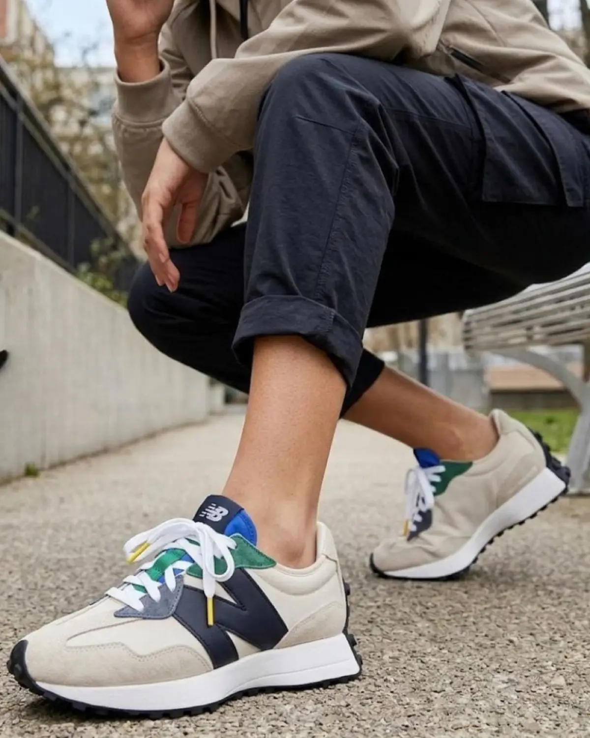 New Balance 327 Beige Navy Green Sneakers