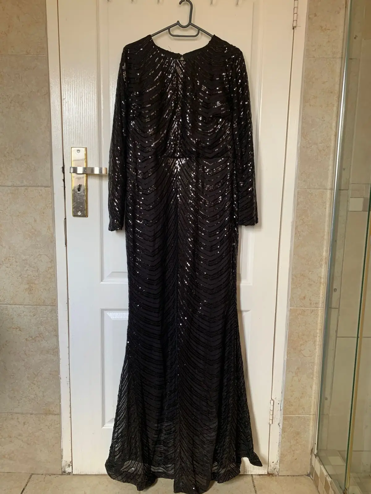 Black Sequined Long-Sleeve Evening Gown Size L
