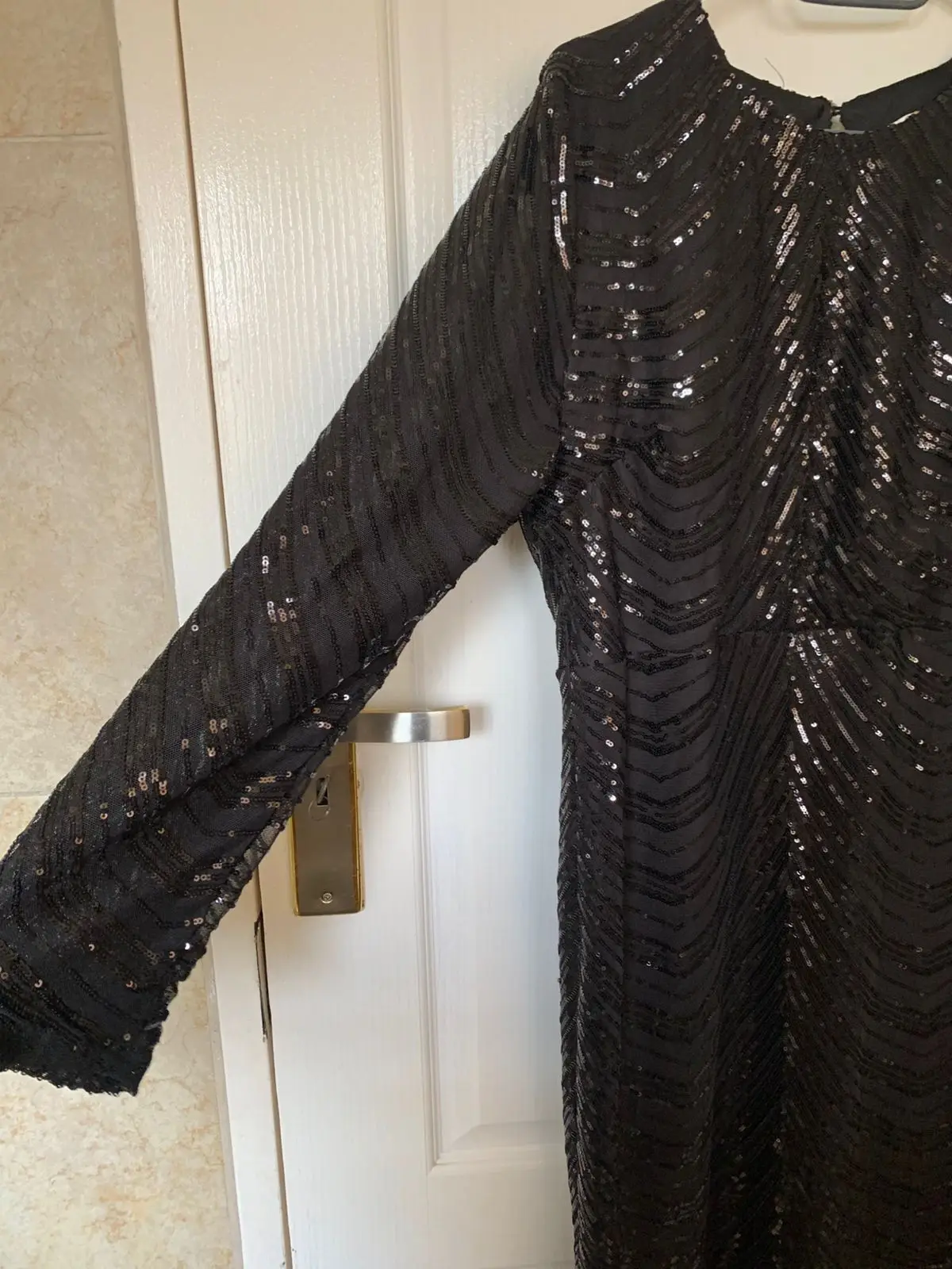 Black Sequined Long-Sleeve Evening Gown Size L