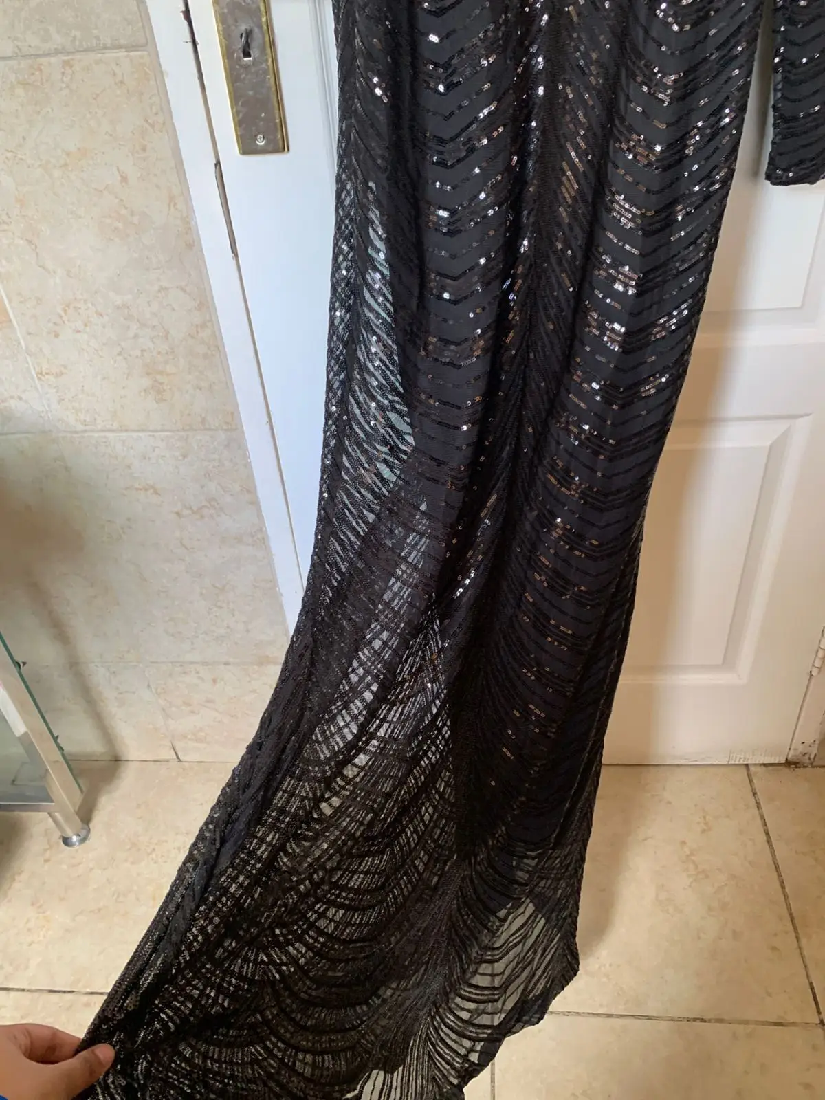 Black Sequined Long-Sleeve Evening Gown Size L