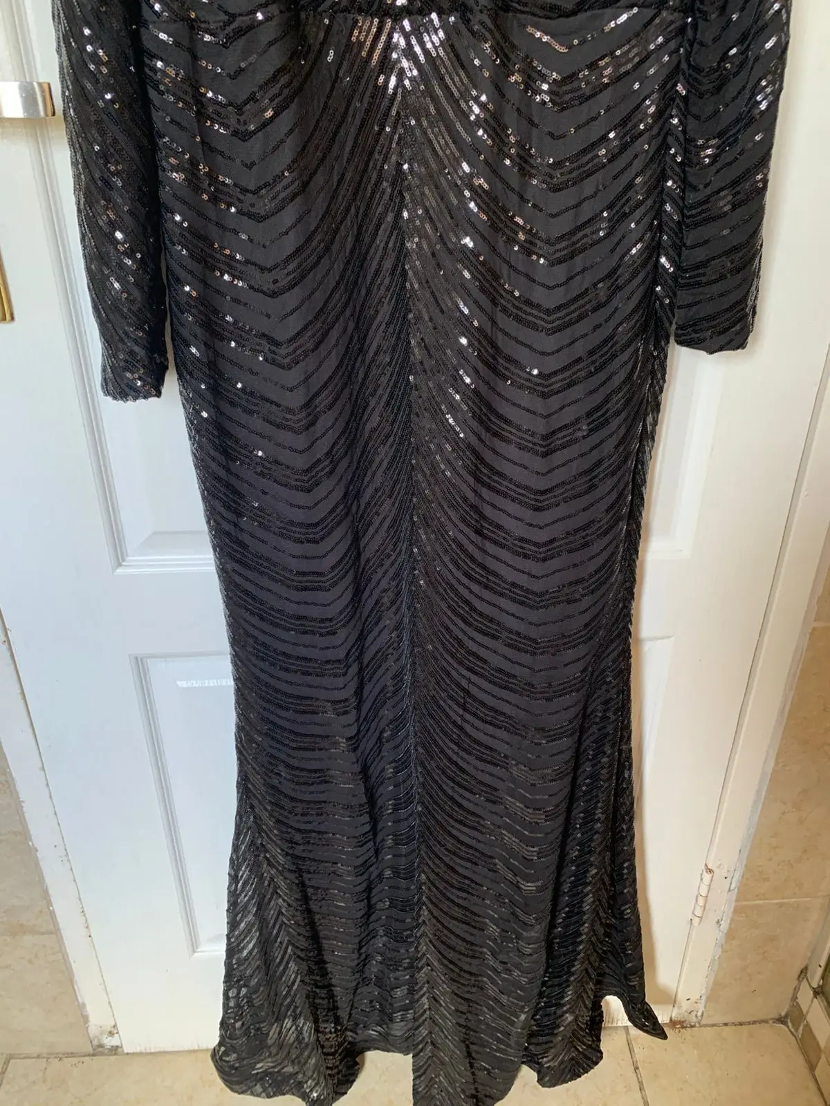 Black Sequined Long-Sleeve Evening Gown Size L
