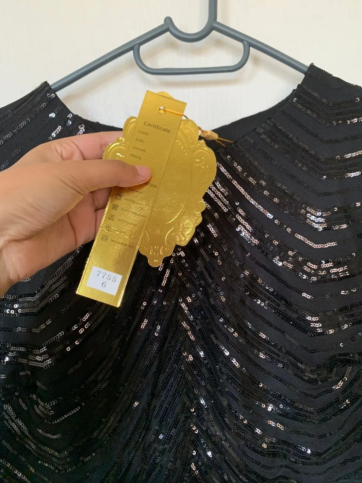 Black Sequined Long-Sleeve Evening Gown Size L