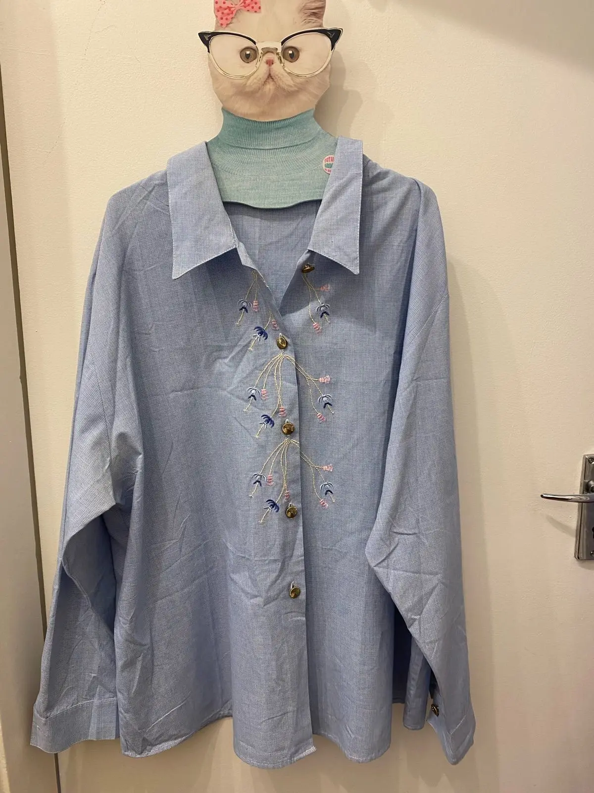 Light Blue Button-Up Shirt with Embroidery