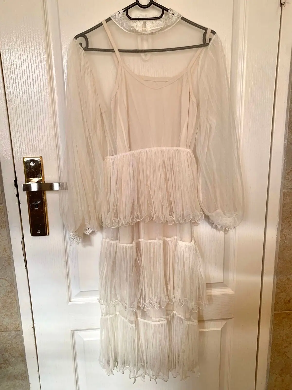 Cream Off-Shoulder Pleated Tiered Dress Size S