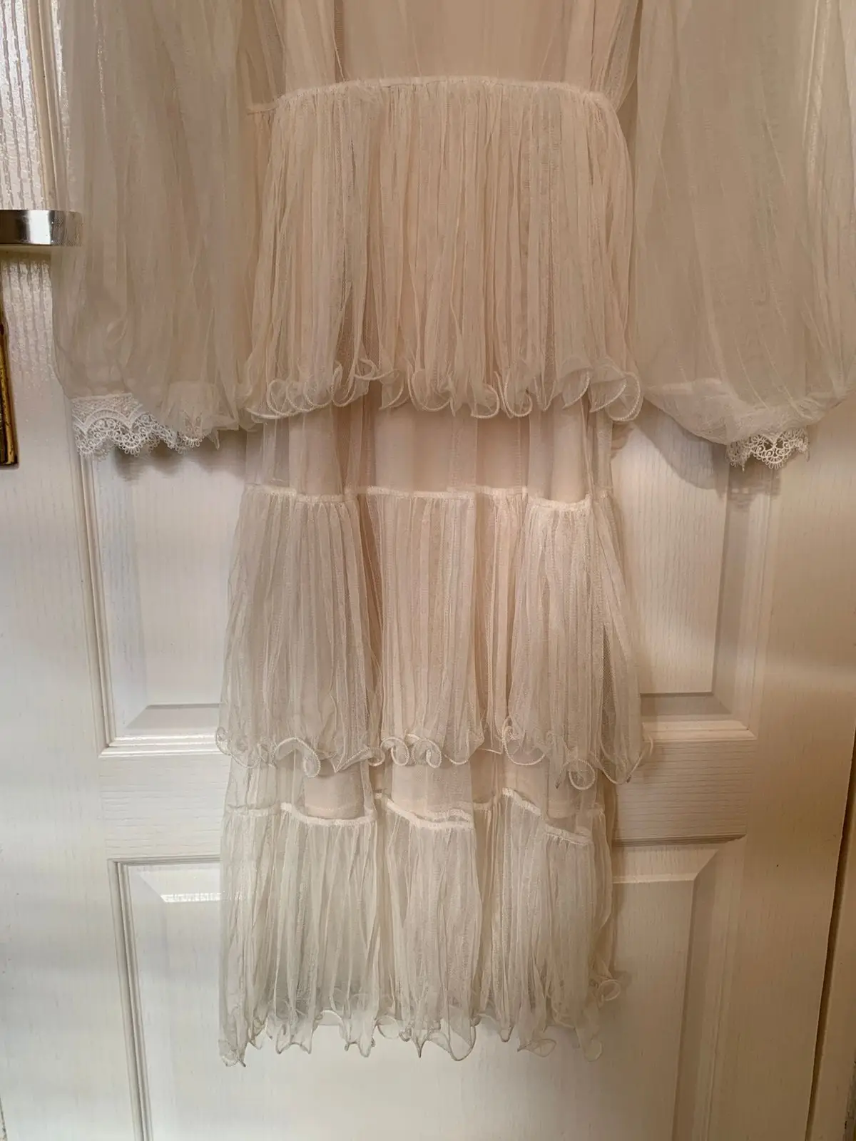 Cream Off-Shoulder Pleated Tiered Dress Size S