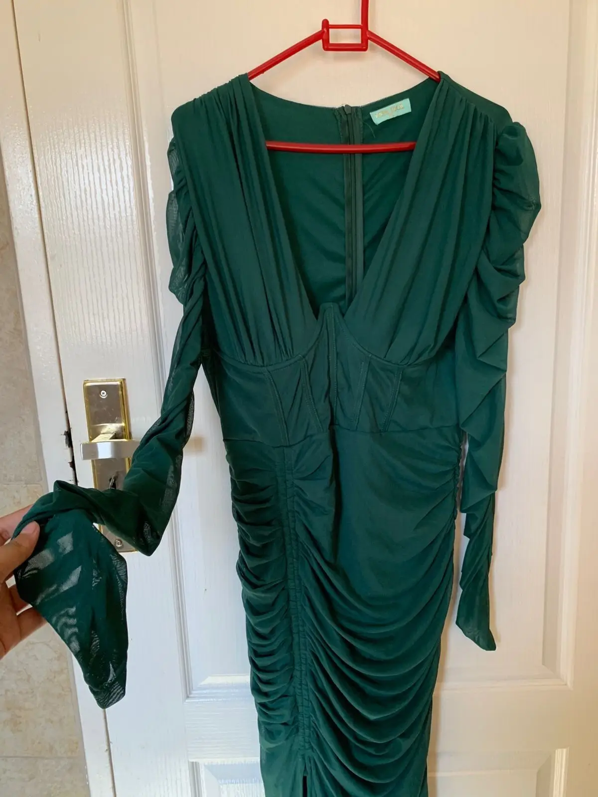 Forest Green Long-Sleeve Ruched Dress Size L