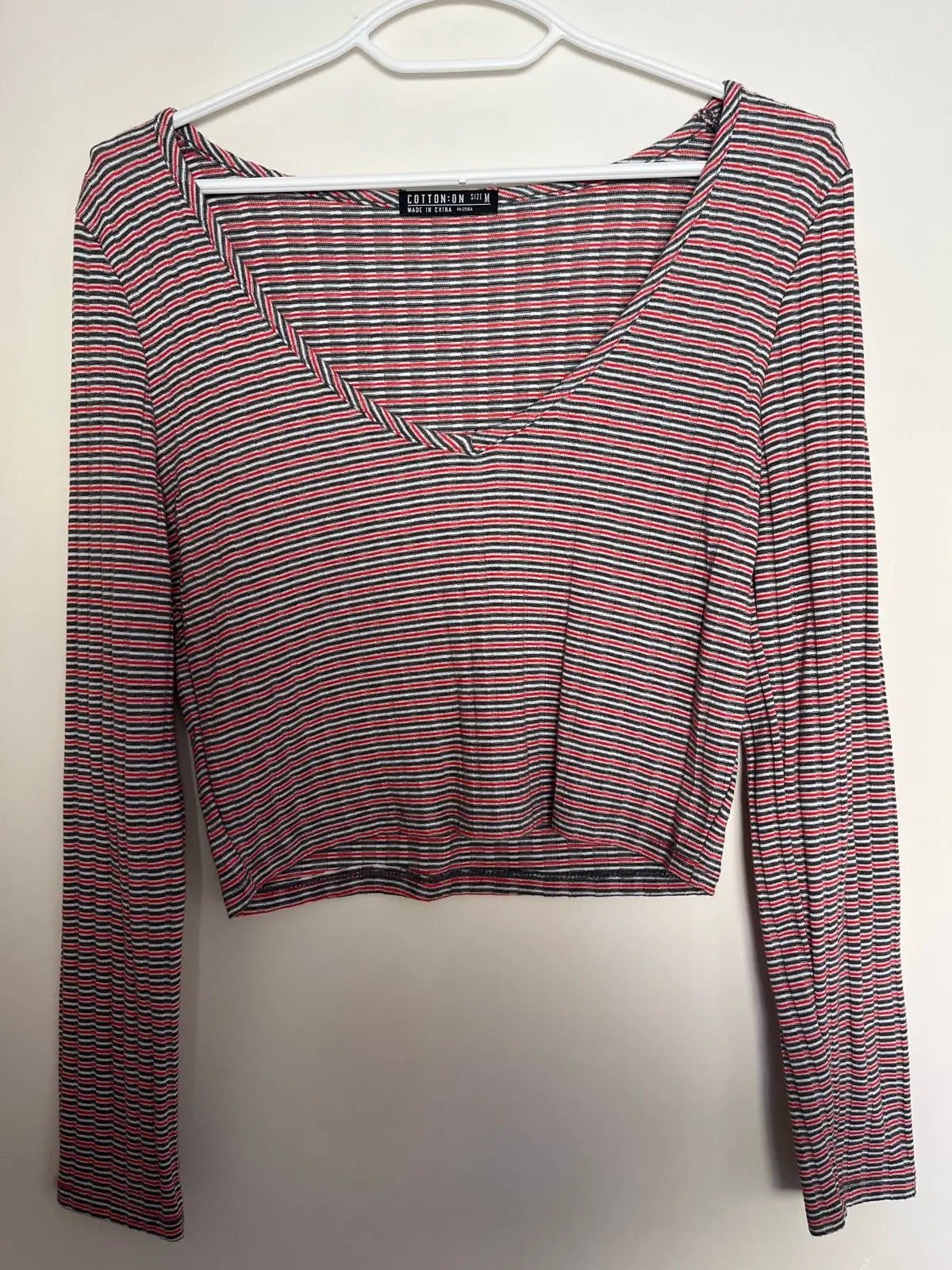 Cotton On Striped Long-Sleeve Crop Top Red M