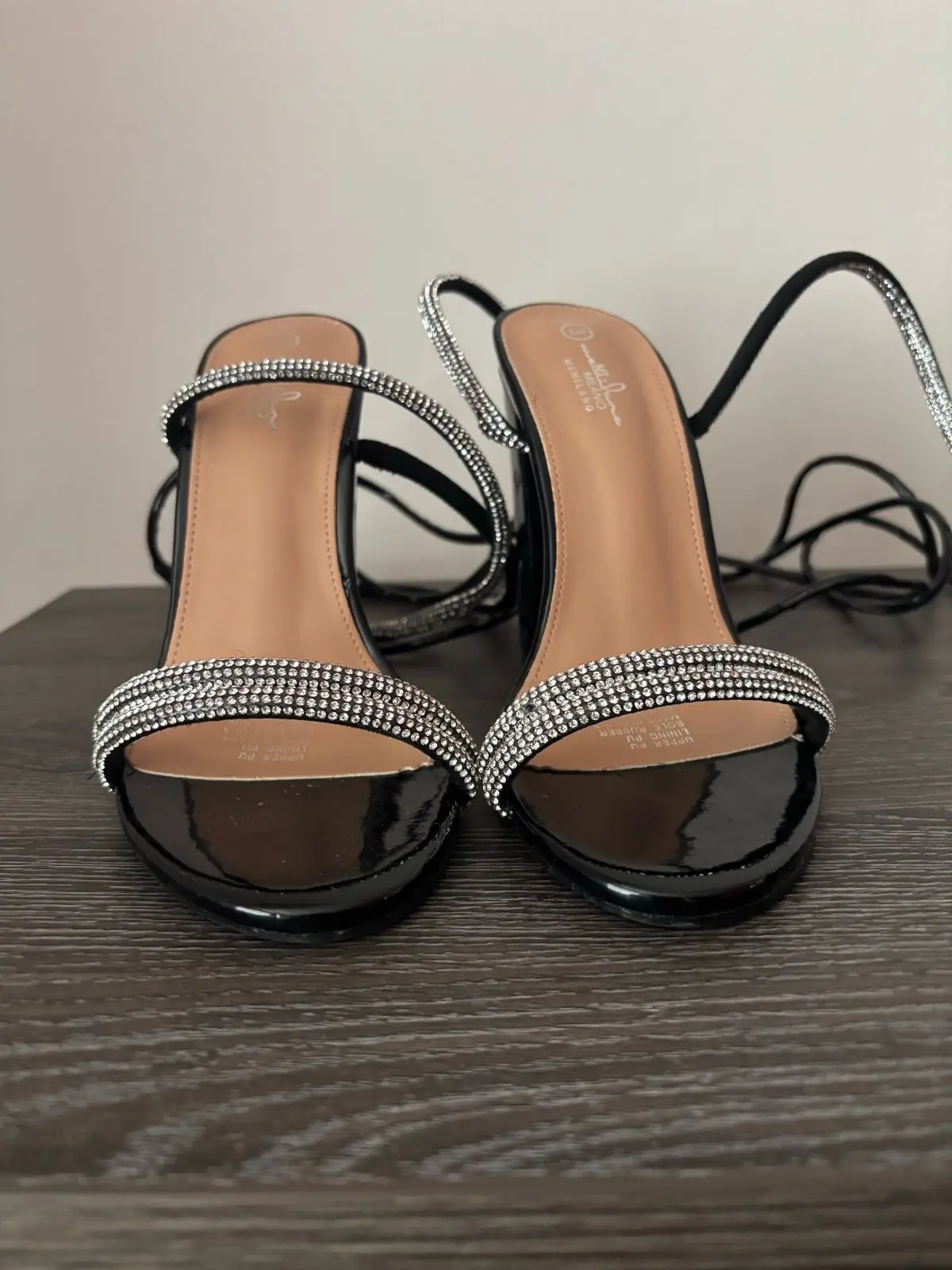 Black High-Heeled Sandals with Rhinestone Straps
