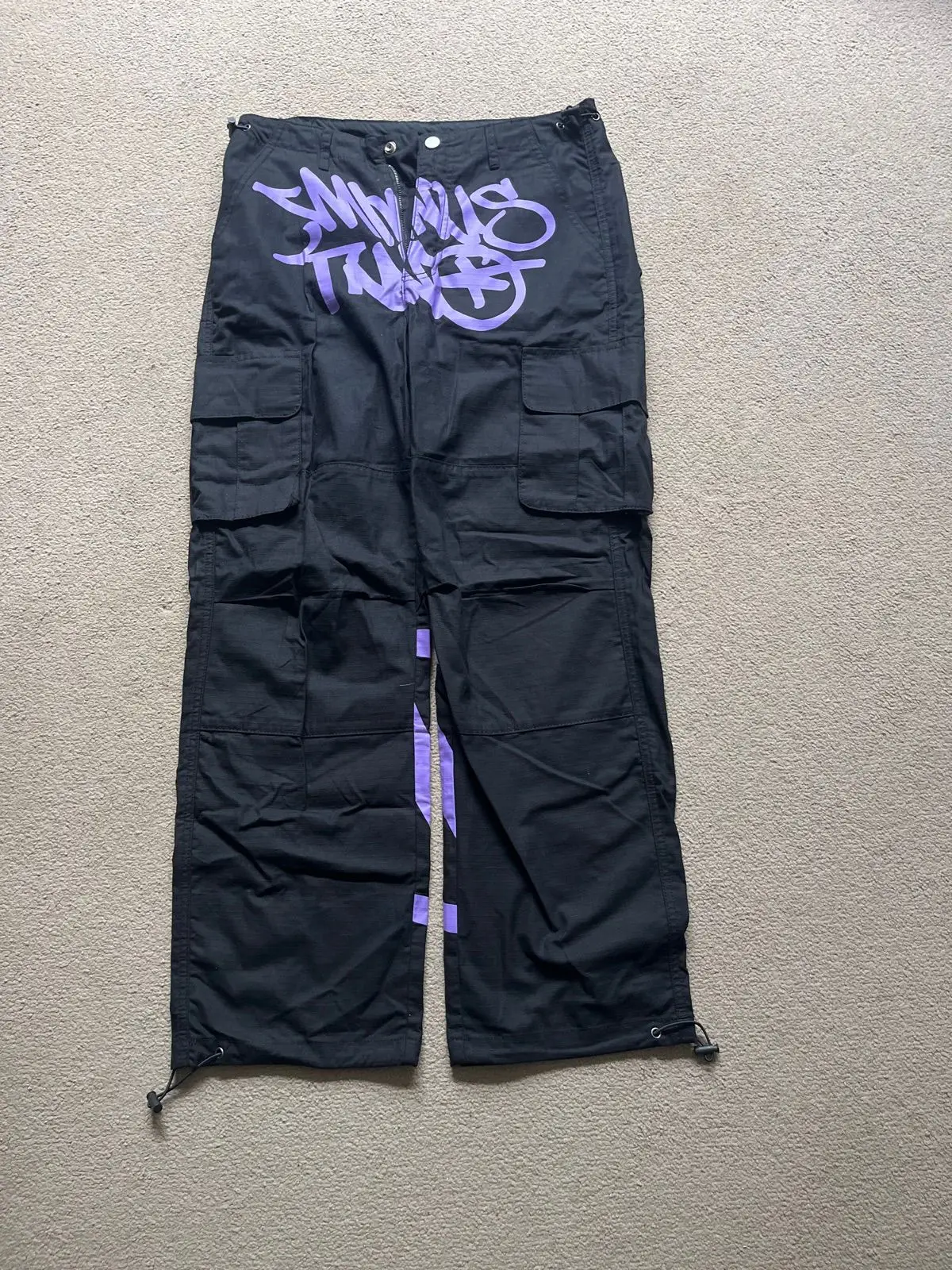Black Cargo Pants with Purple Graphic