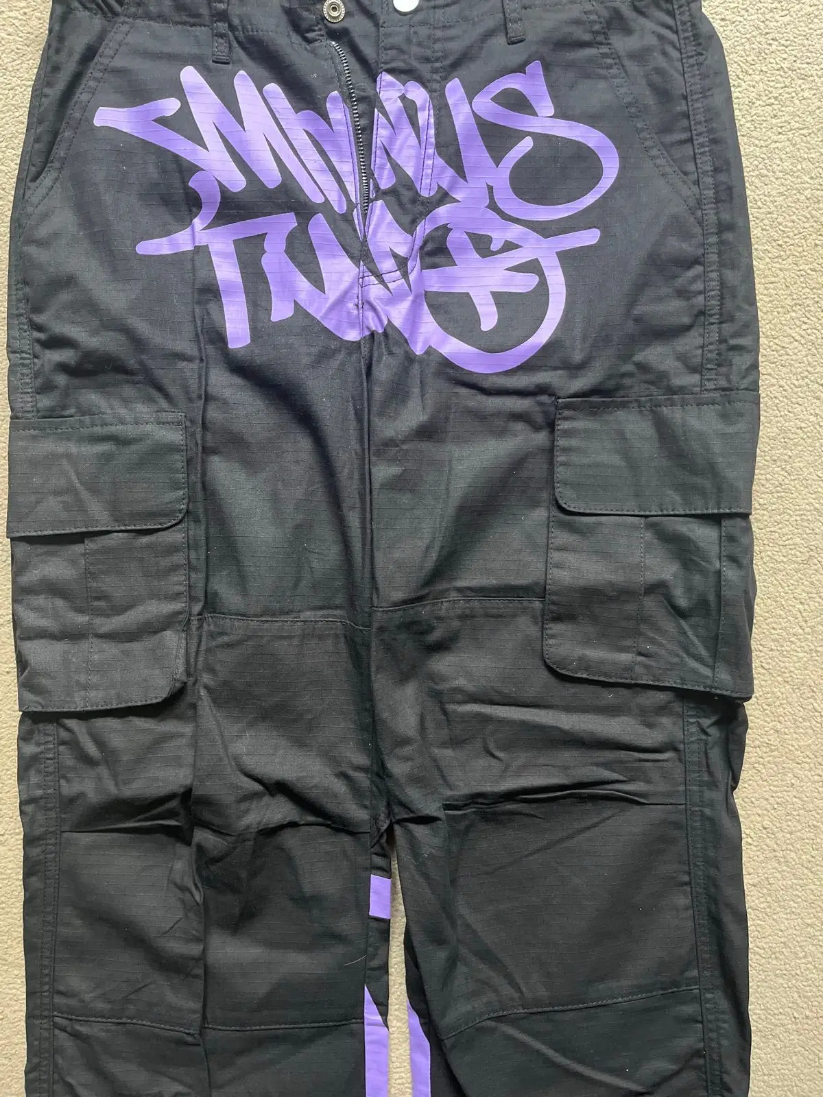 Black Cargo Pants with Purple Graphic