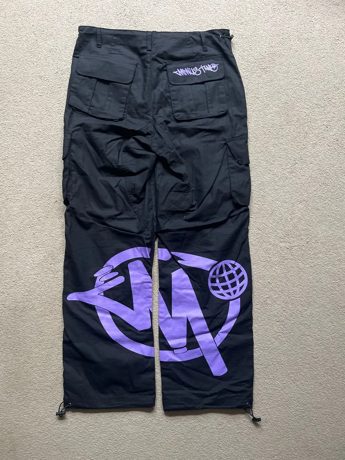 Black Cargo Pants with Purple Graphic