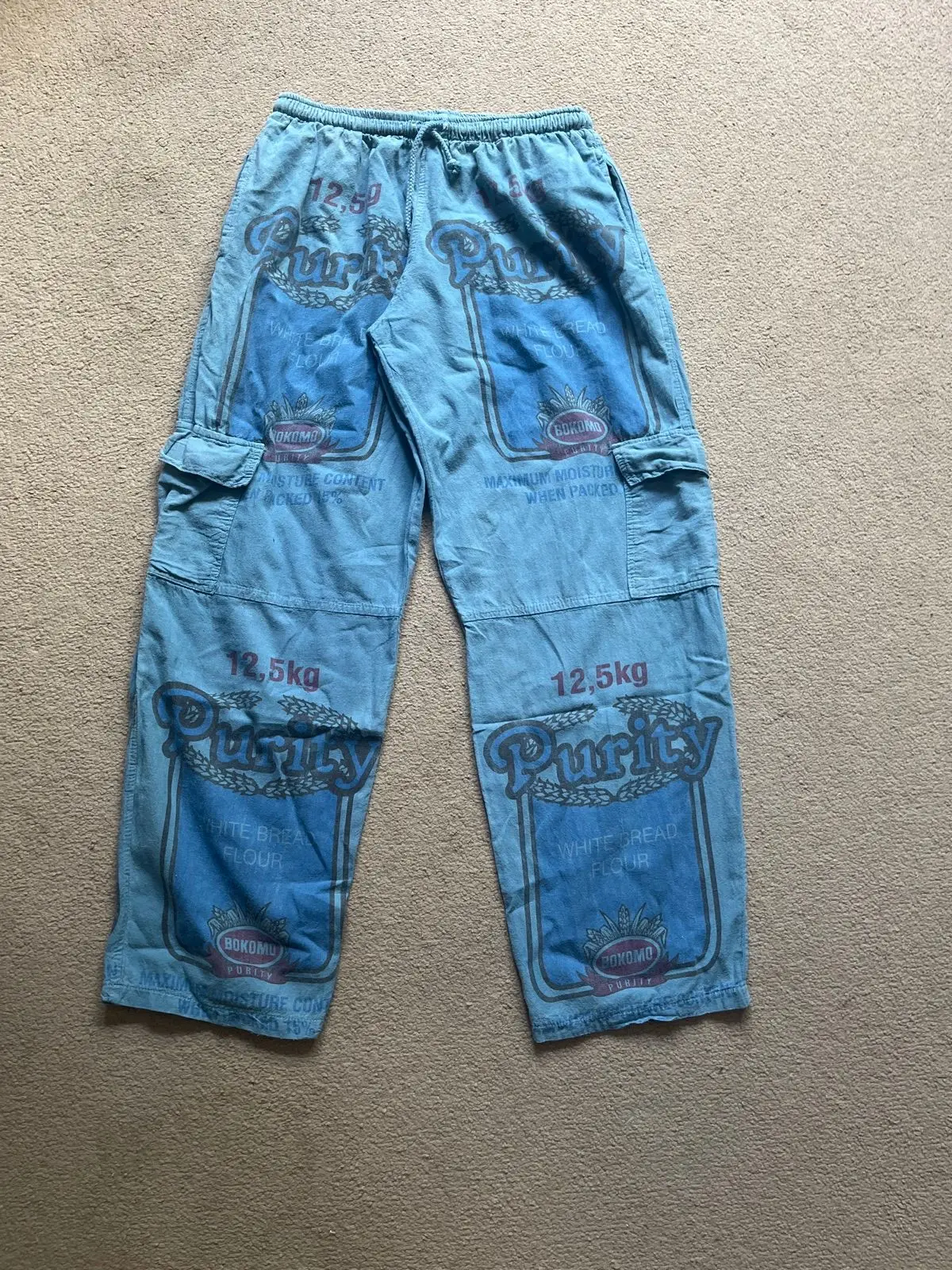 Light Blue Denim Cargo Pants with Purity Flour Print