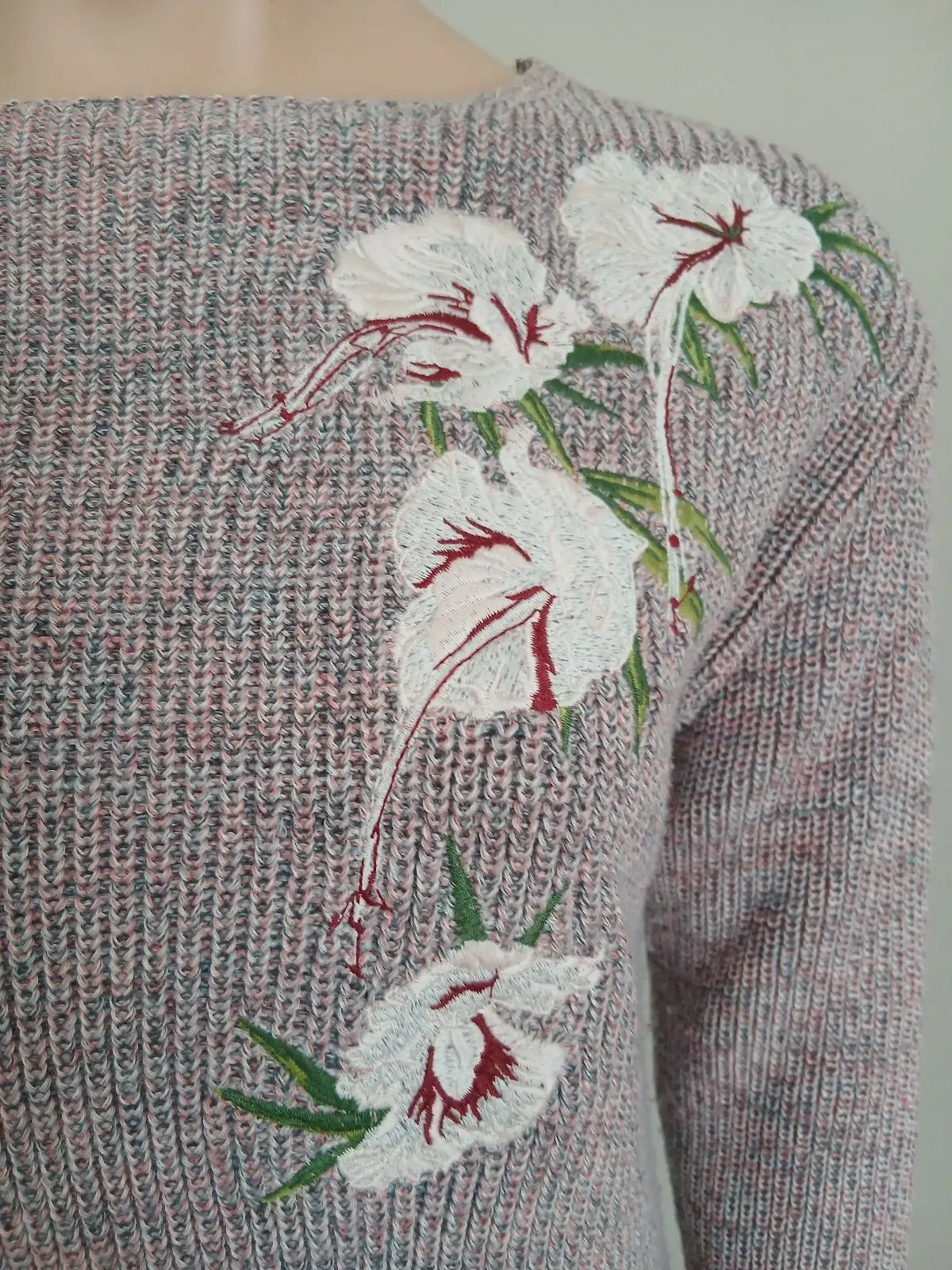 Old Khaki Pink Floral Embroidered Sweater