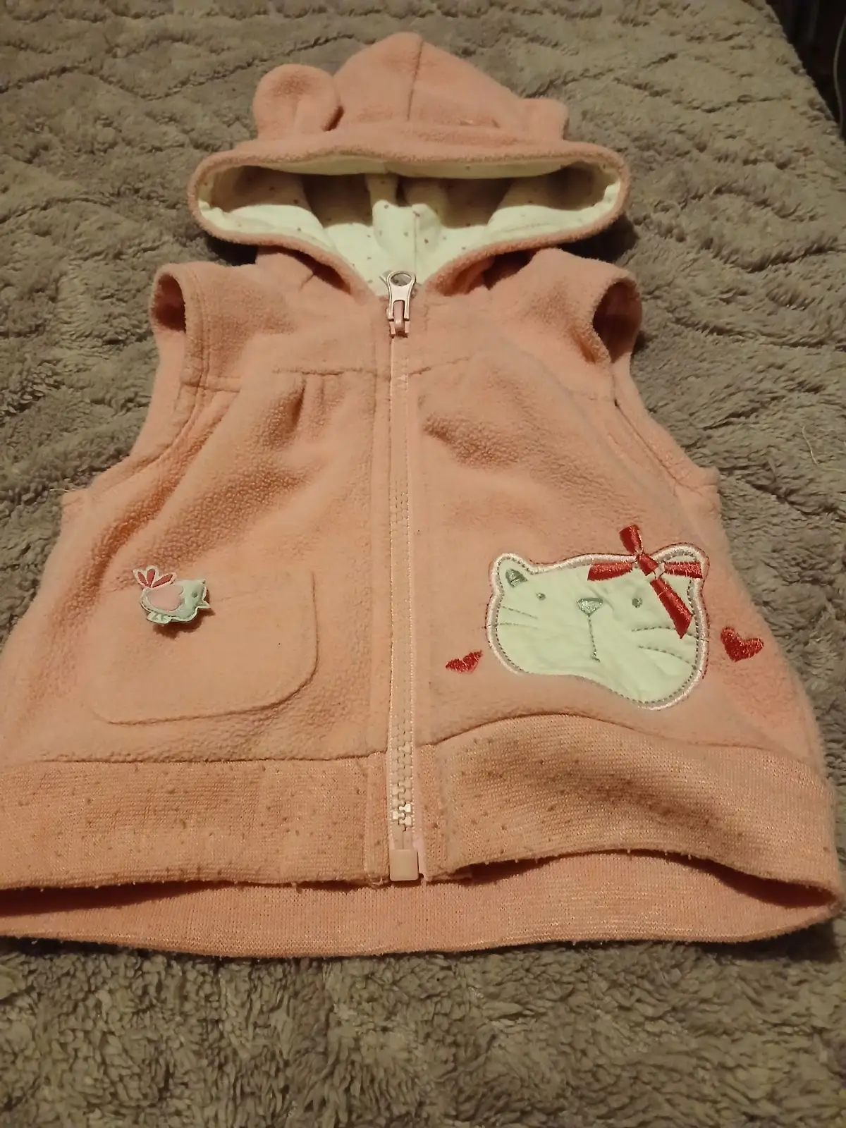 Ackermans Peach Fleece Hooded Gilet with Cat Embroidery