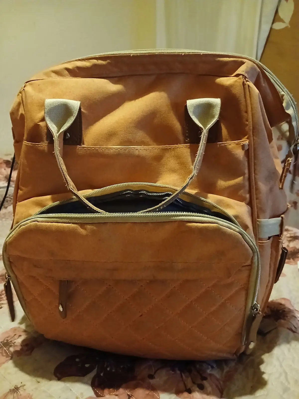 Tan Quilted Backpack with Dual Handles
