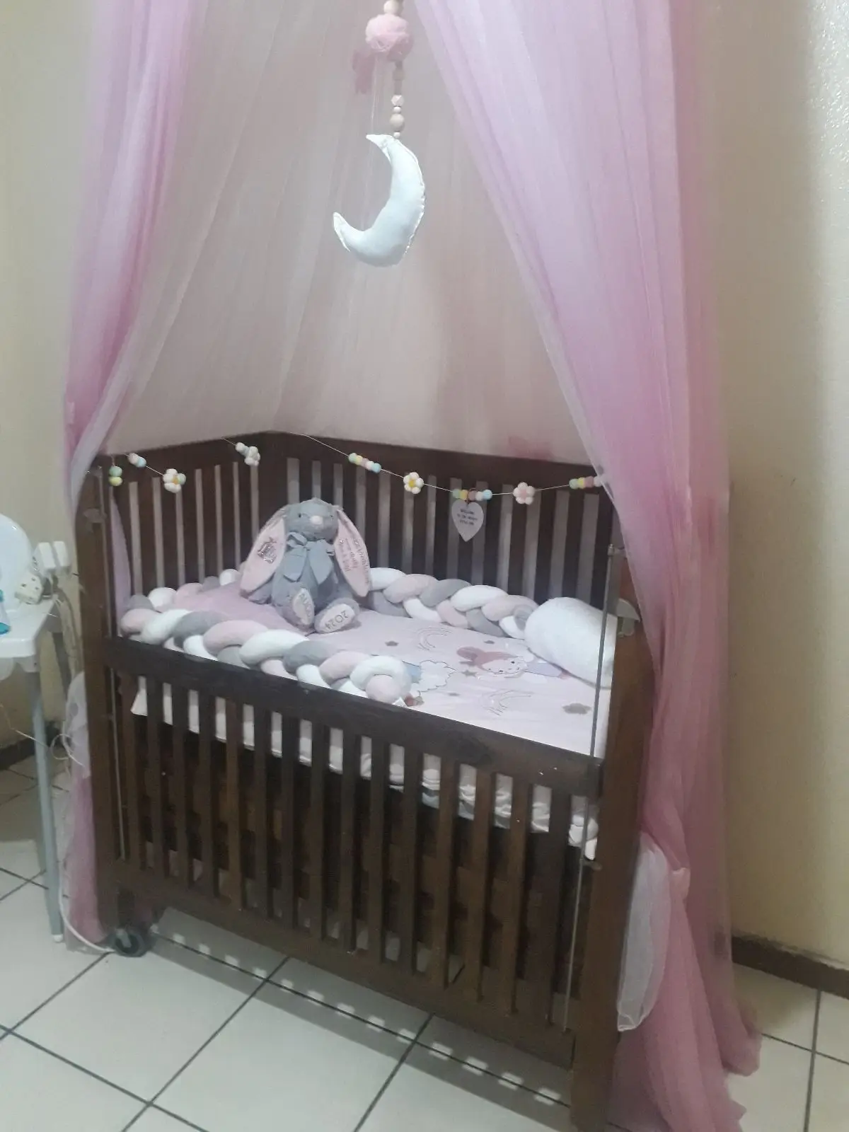 Dark Wood Baby Crib with Canopy & Bedding Set