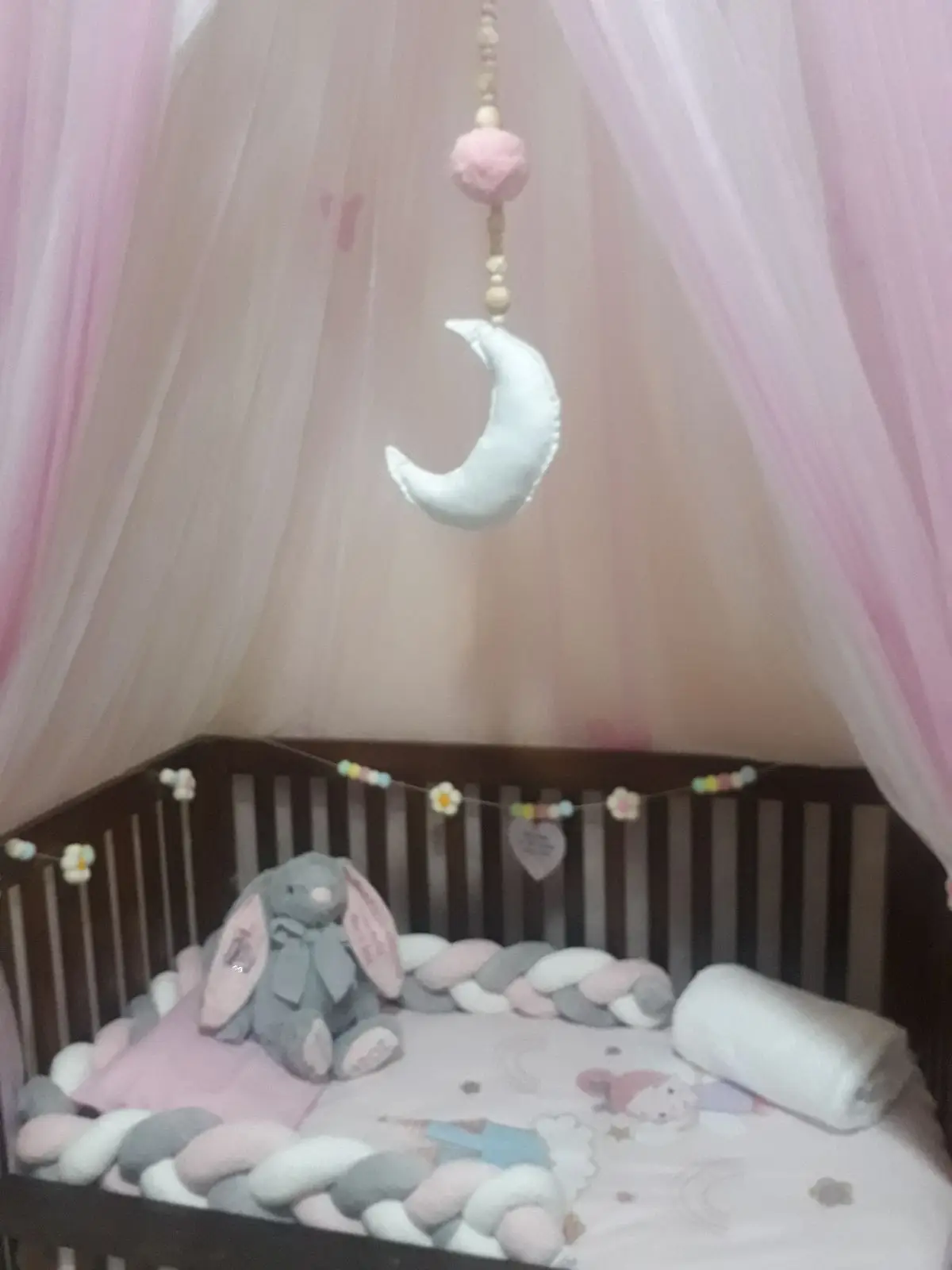 Dark Wood Baby Crib with Canopy & Bedding Set