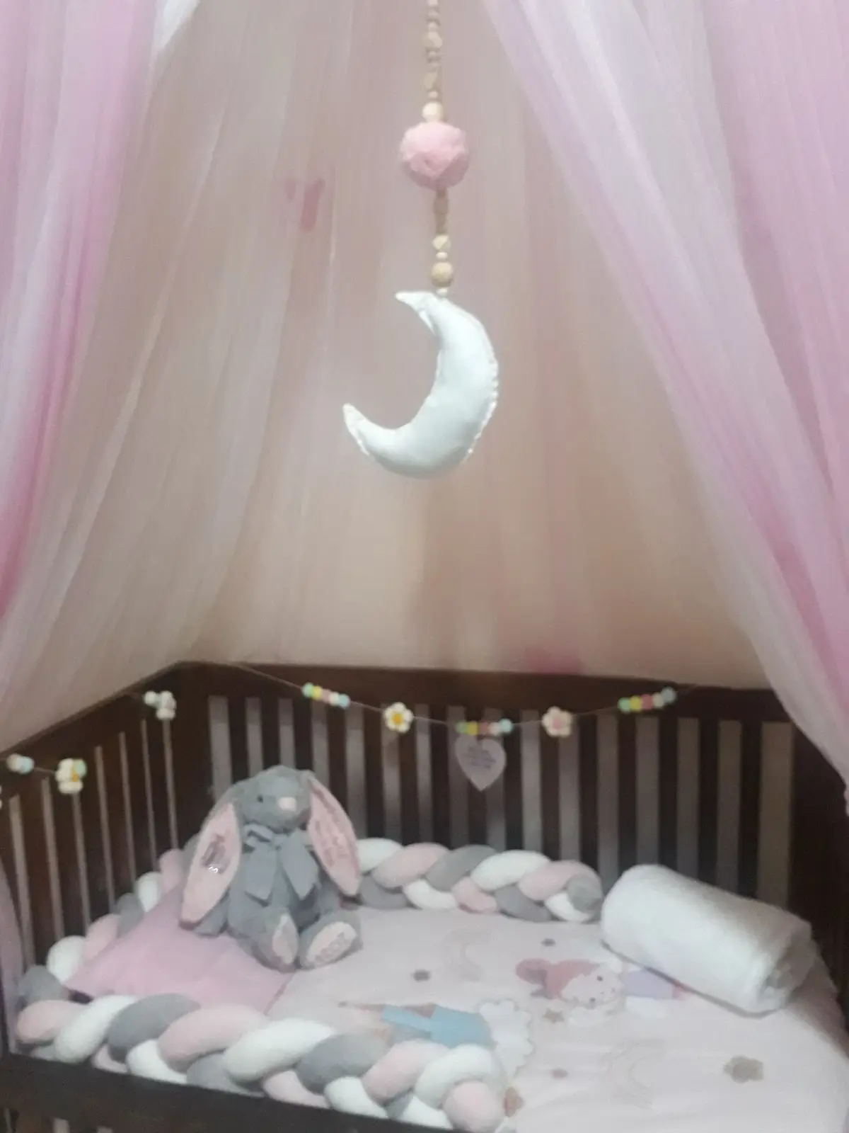 Dark Wood Baby Crib with Canopy & Bedding Set