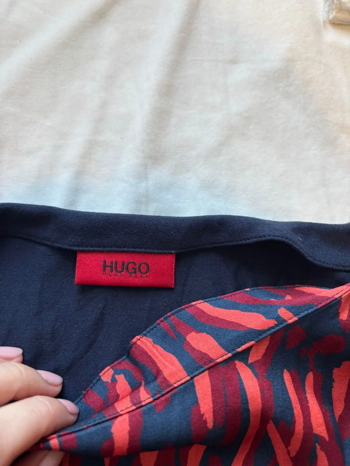 Red and Navy Patterned Short-Sleeve Dress Size S