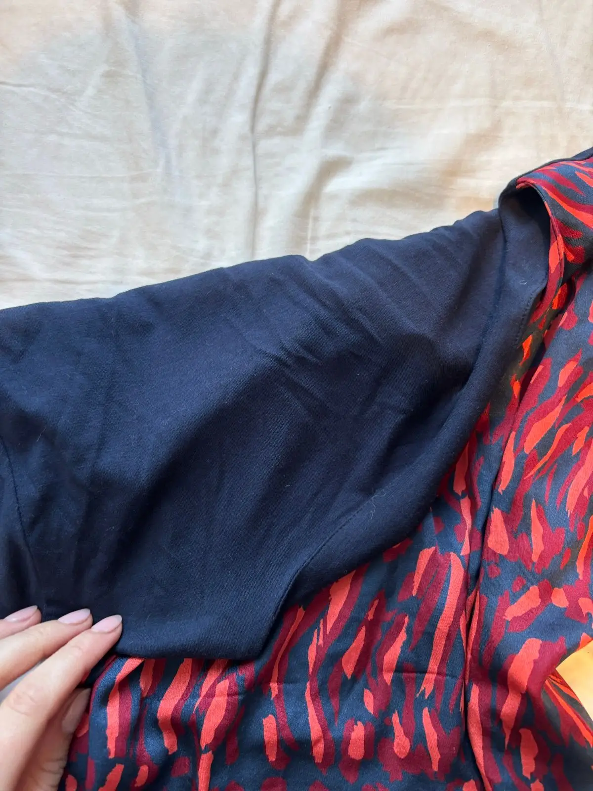 Red and Navy Patterned Short-Sleeve Dress Size S