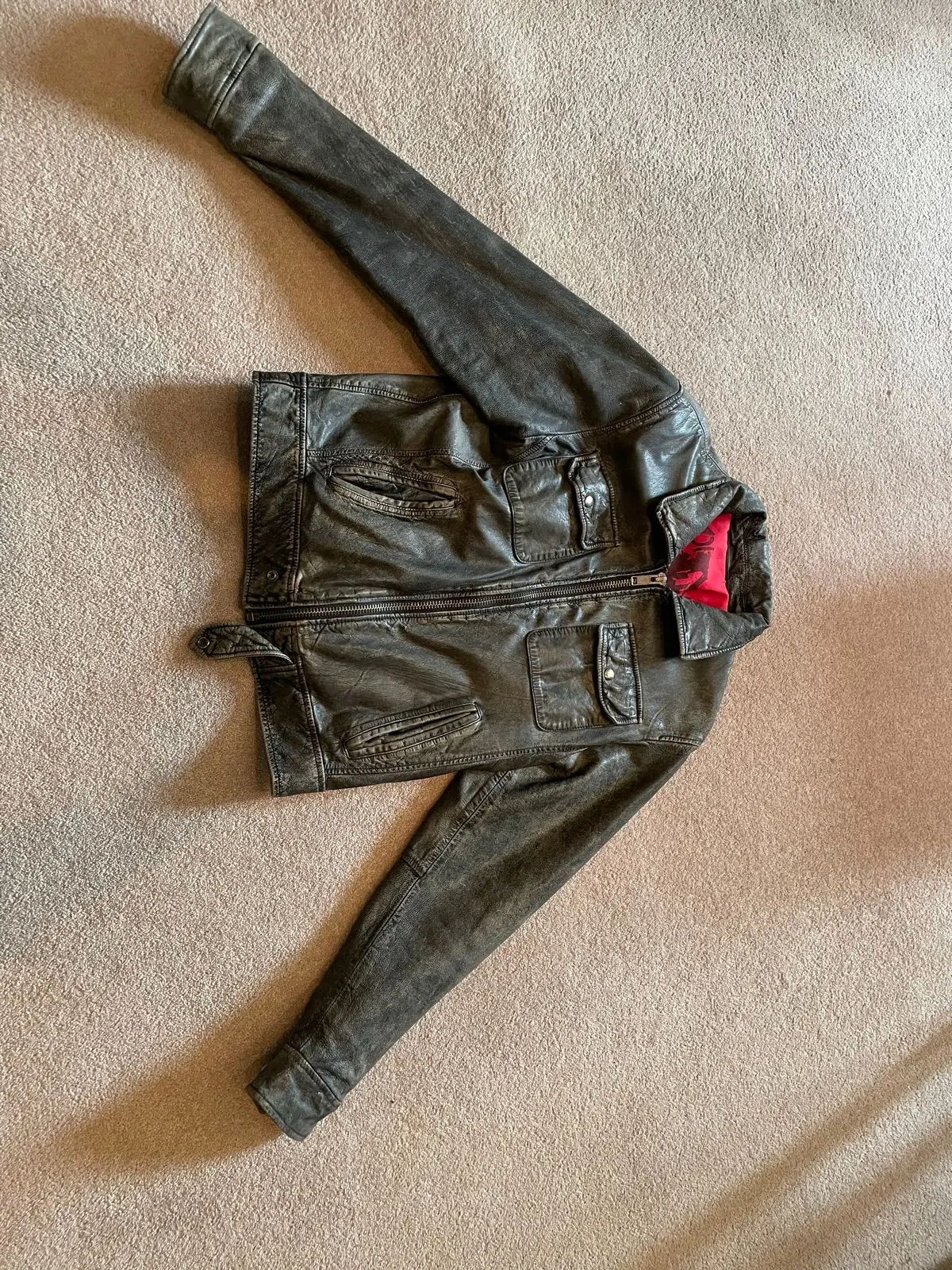 River Island Distressed Dark Grey Leather Jacket
