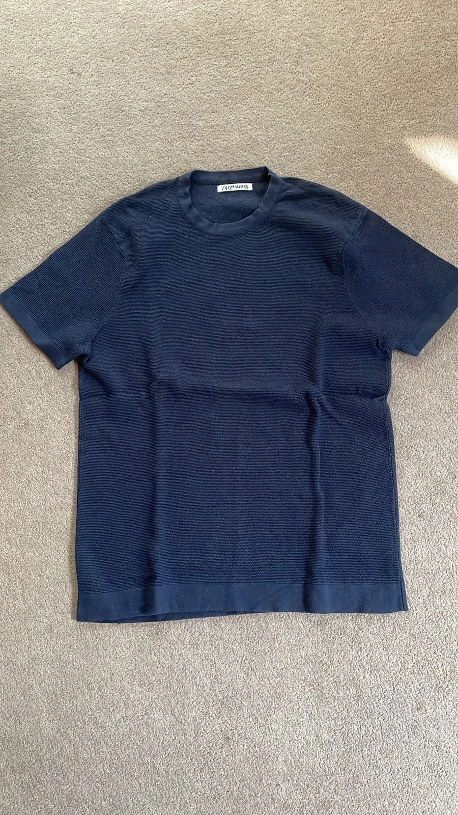 Zara Man Navy Textured Short Sleeve Knit T-Shirt