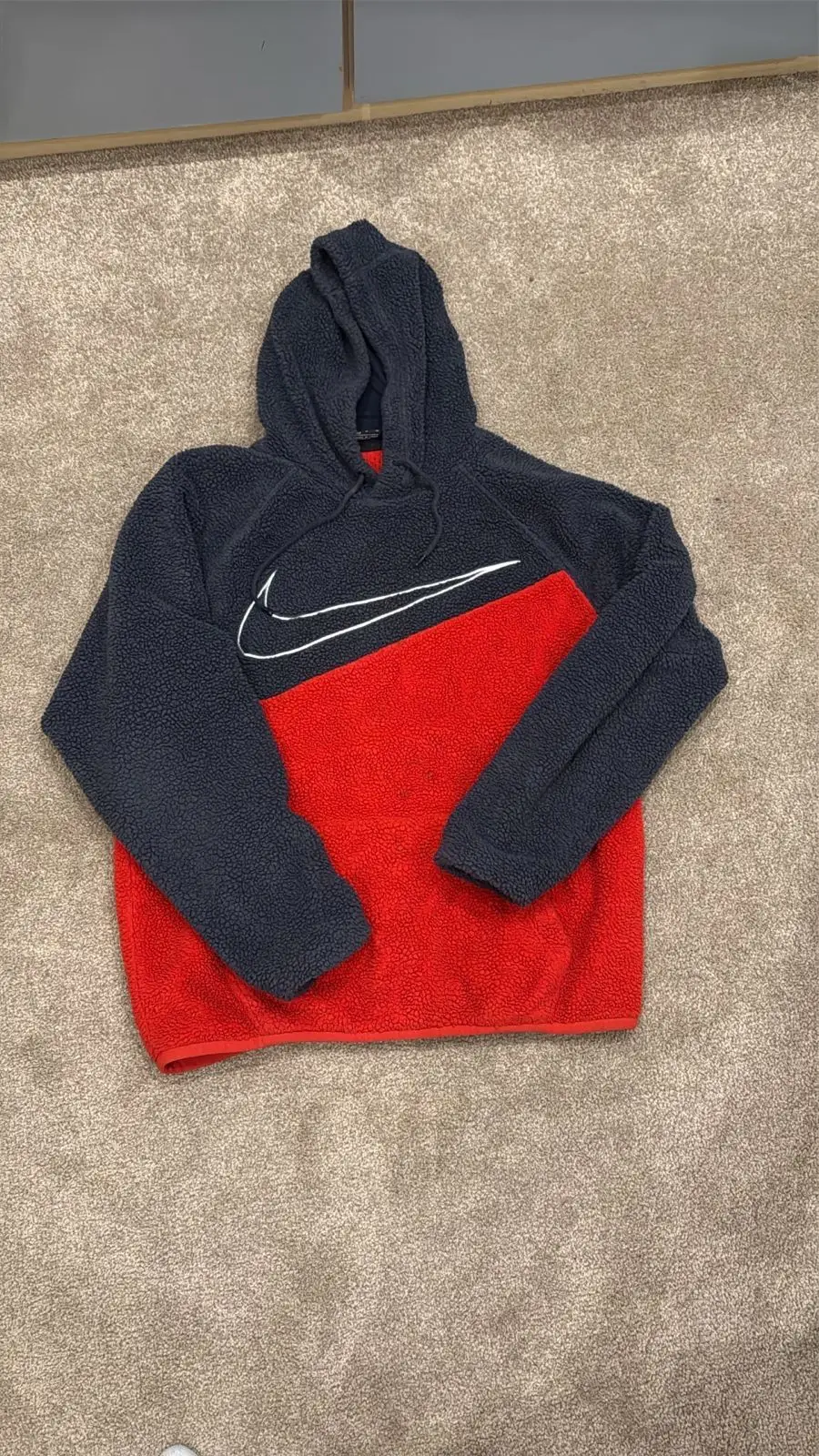Nike Sherpa Fleece Big Swoosh Hoodie Dark Grey Red