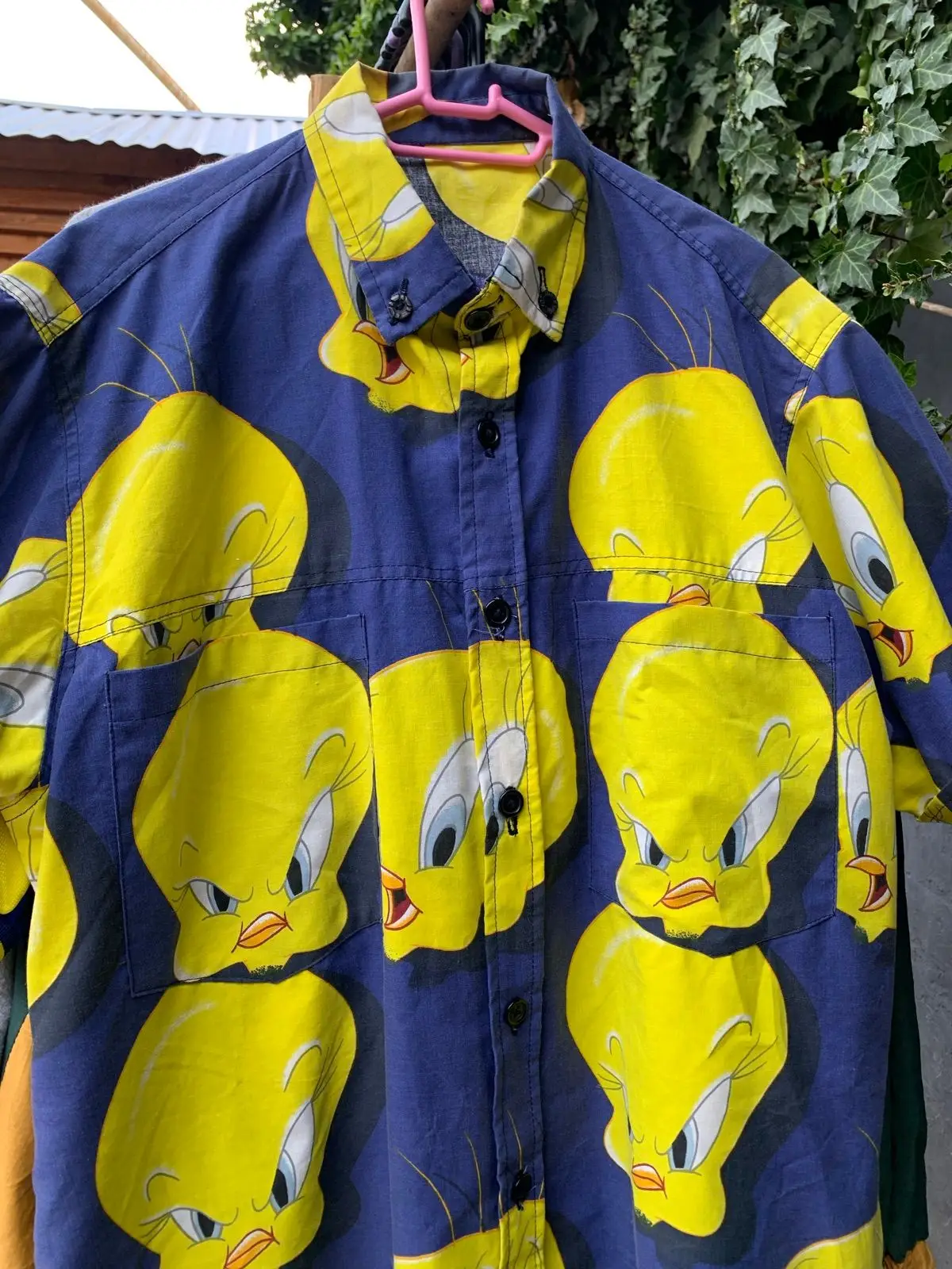 Tweety Bird Print Short Sleeve Button-Down Shirt