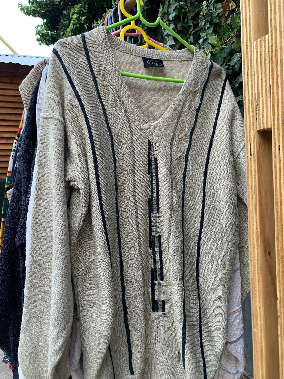 Vintage Beige V-Neck Knit Sweater with Stripes