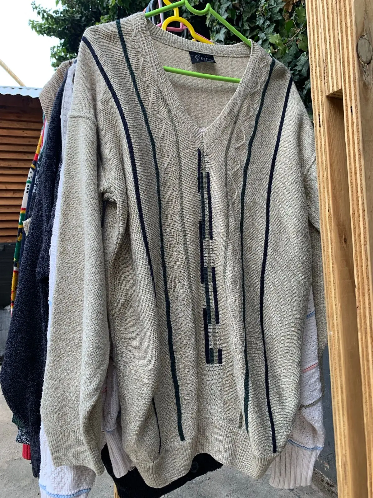 Vintage Beige V-Neck Knit Sweater with Stripes