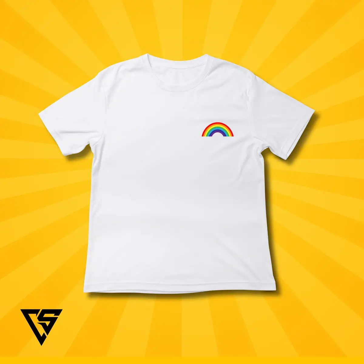 White T-Shirt with Rainbow Chest Graphic