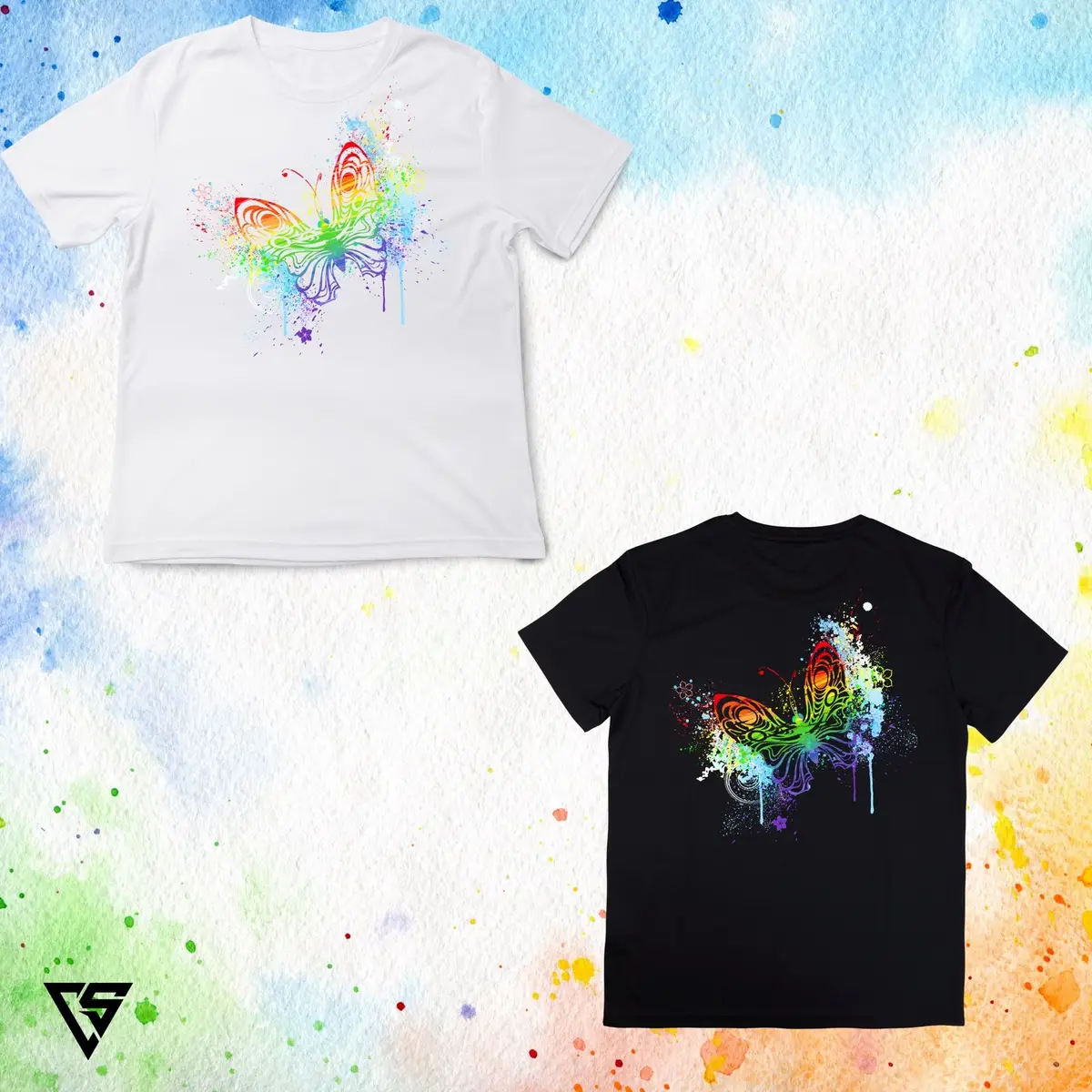 White T-Shirt with Colorful Butterfly Graphic