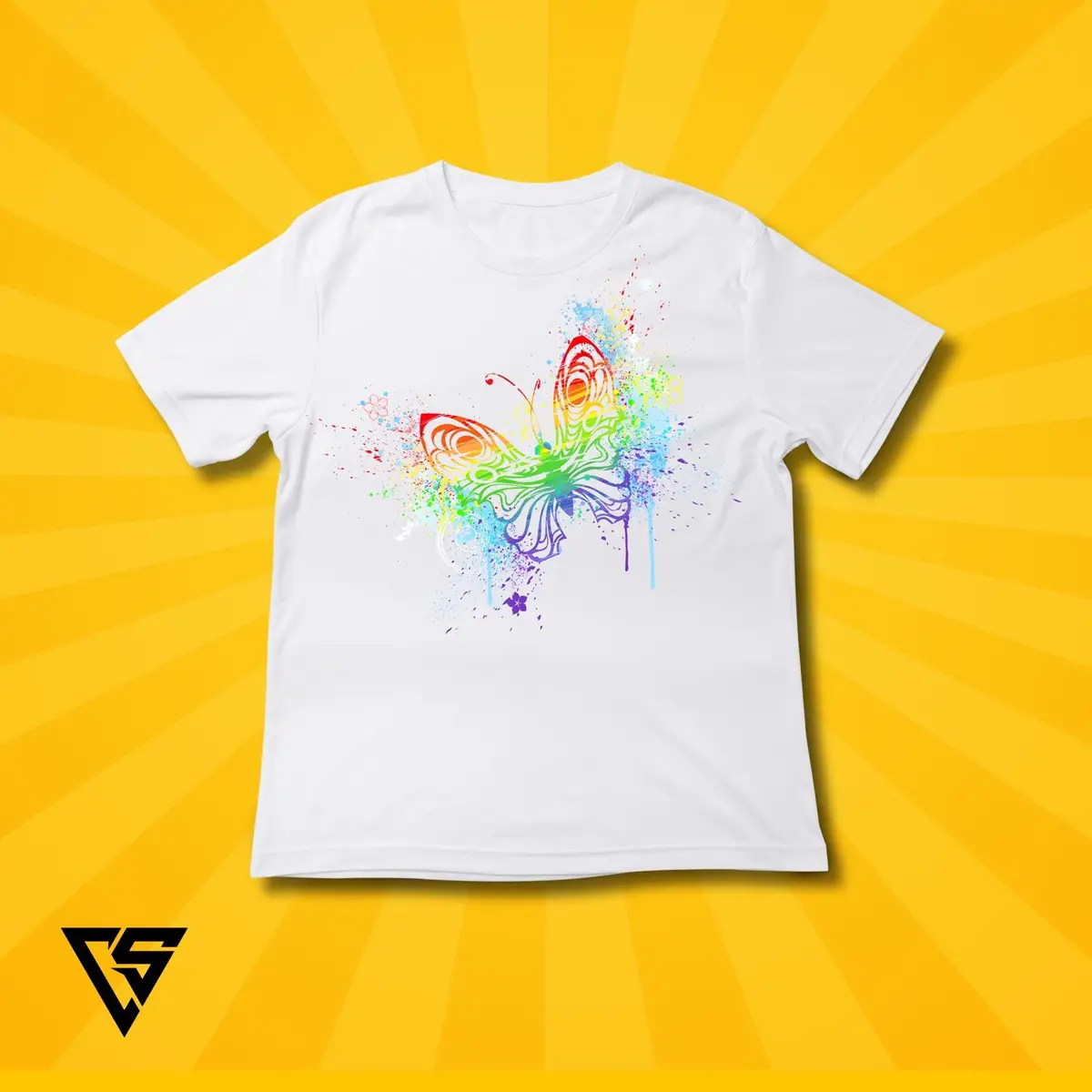 White T-Shirt with Colorful Butterfly Graphic