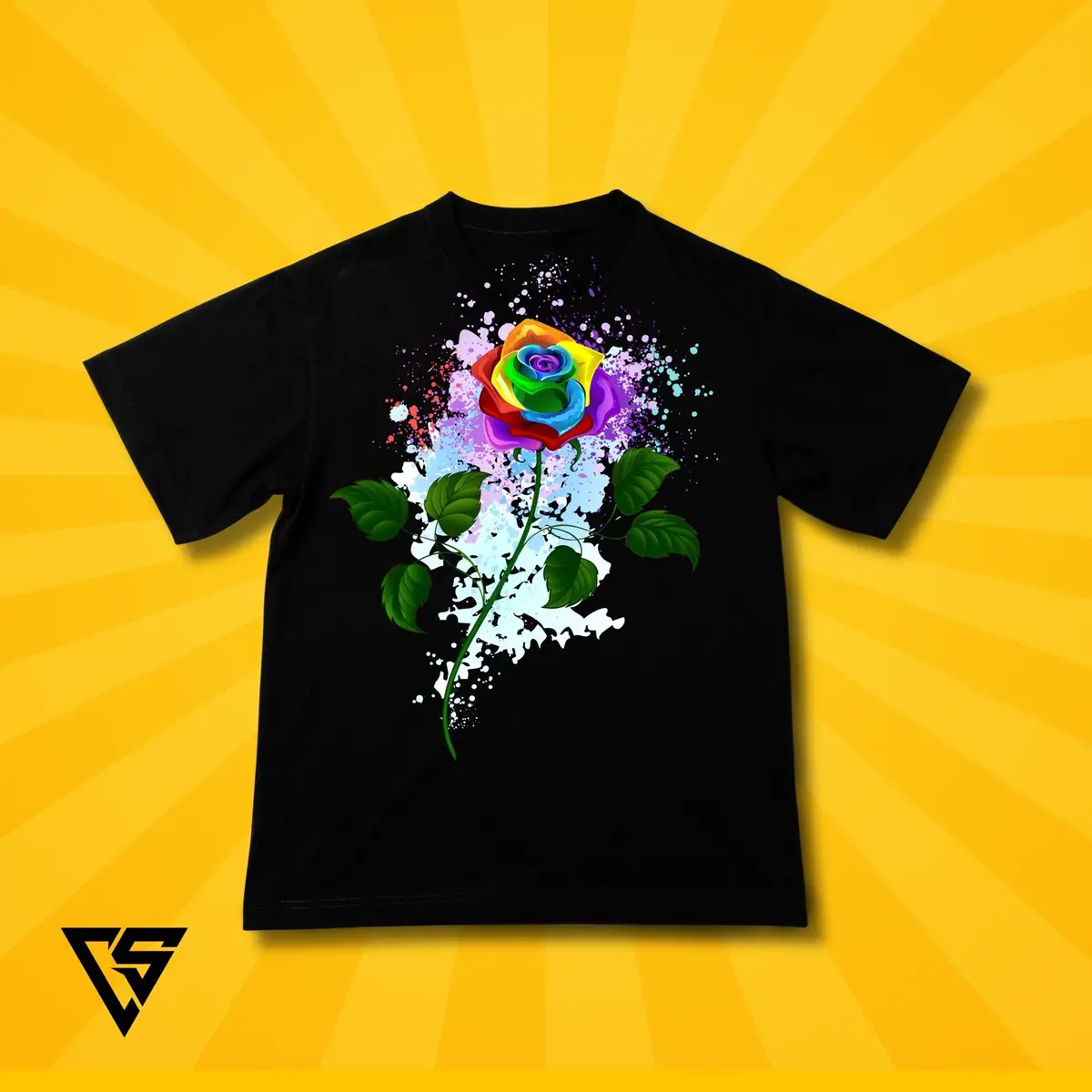 Black Graphic T-Shirt Rainbow Rose Print