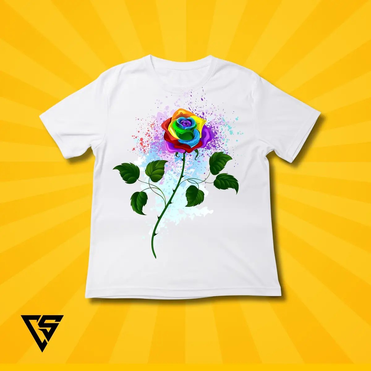Black Graphic T-Shirt Rainbow Rose Print