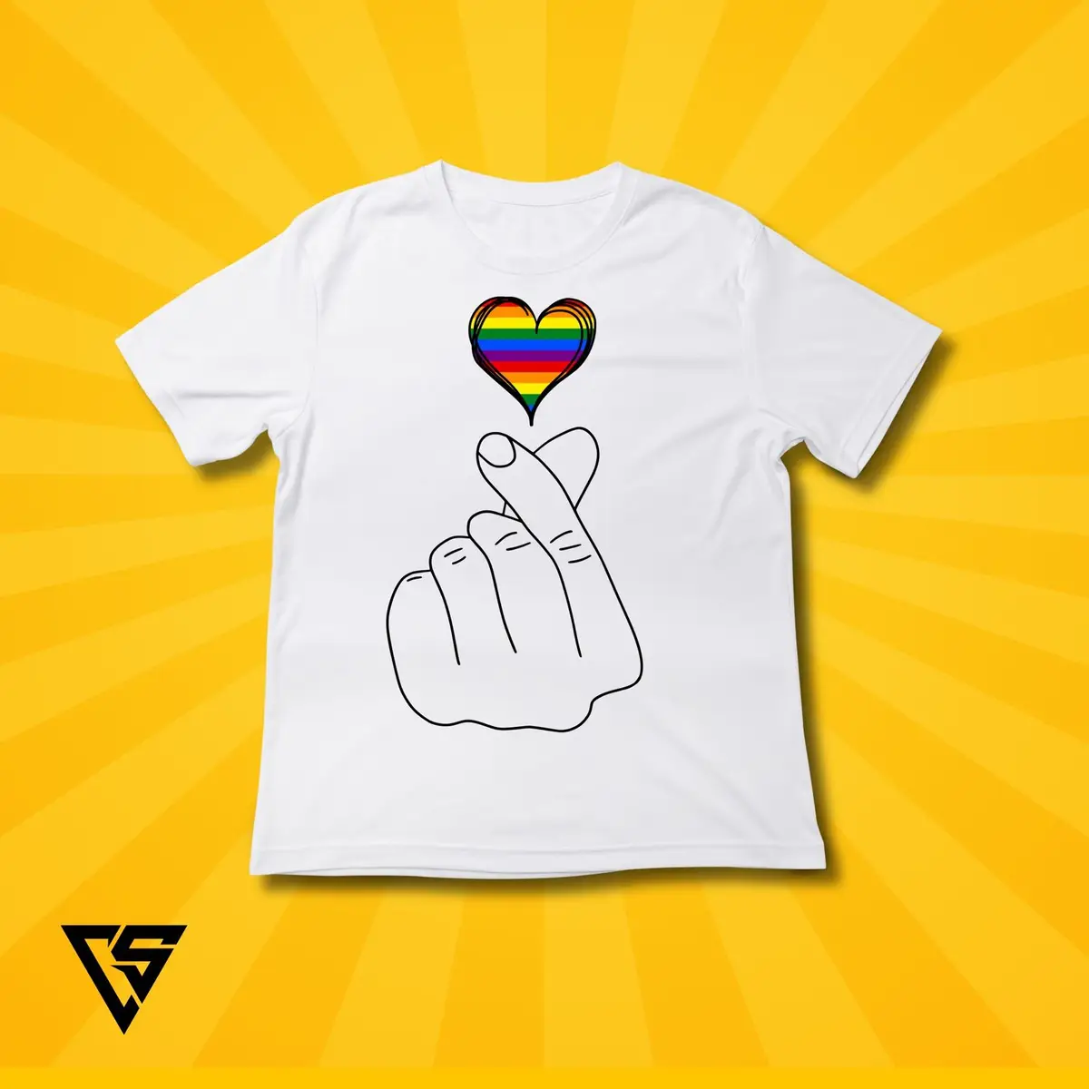 White Graphic T-Shirt Rainbow Finger Heart