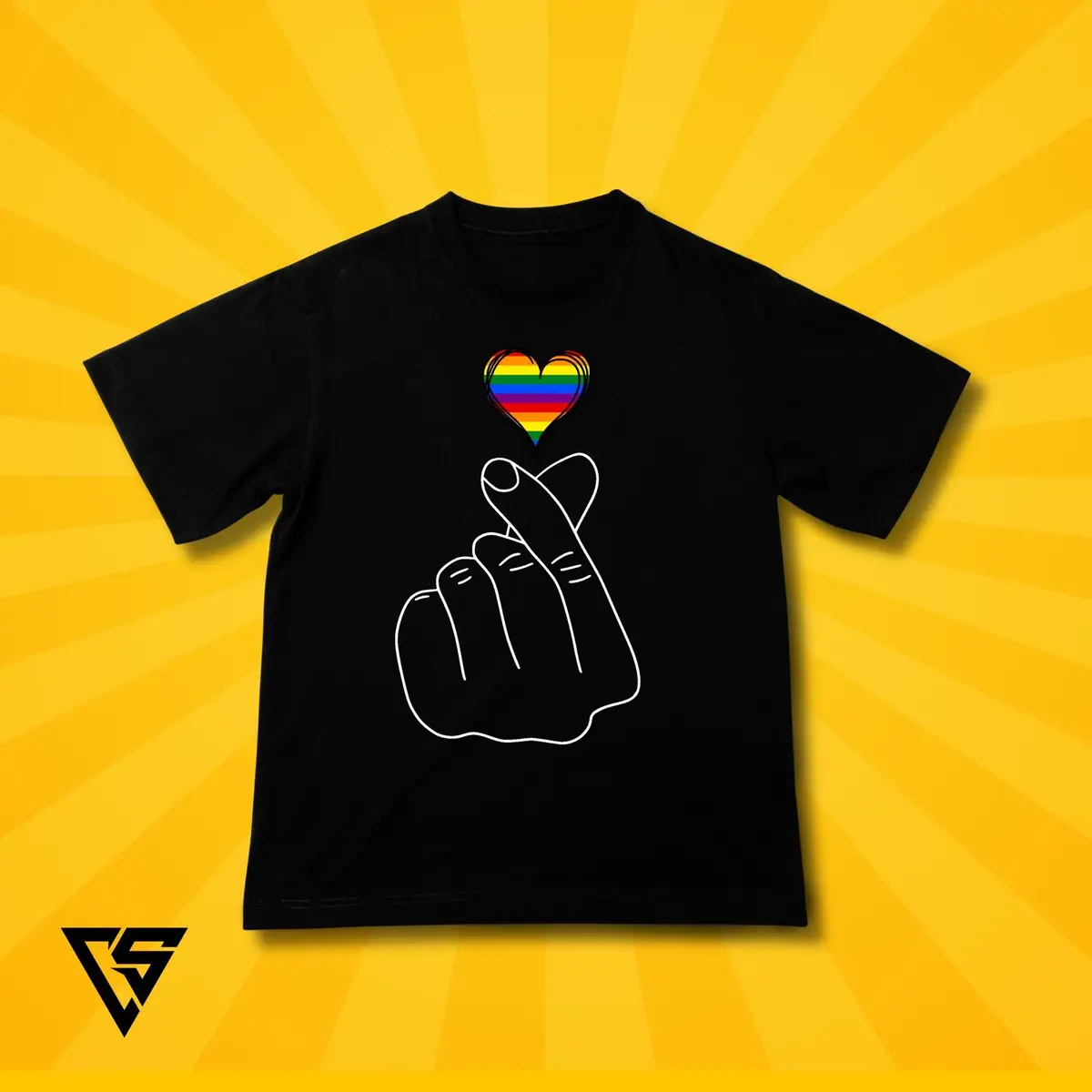 White Graphic T-Shirt Rainbow Finger Heart