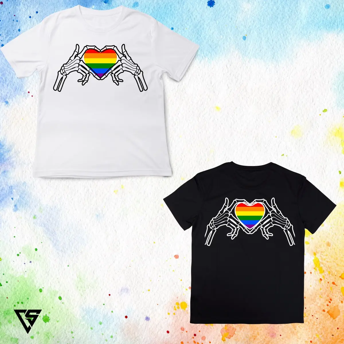 White T-Shirt with Skeleton Hands Rainbow Heart Graphic