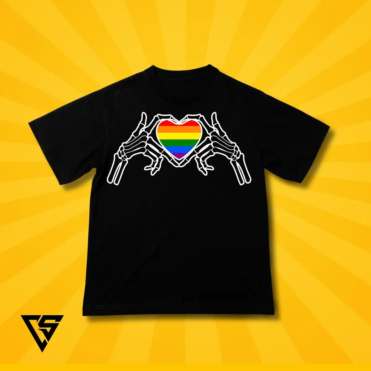 White T-Shirt with Skeleton Hands Rainbow Heart Graphic