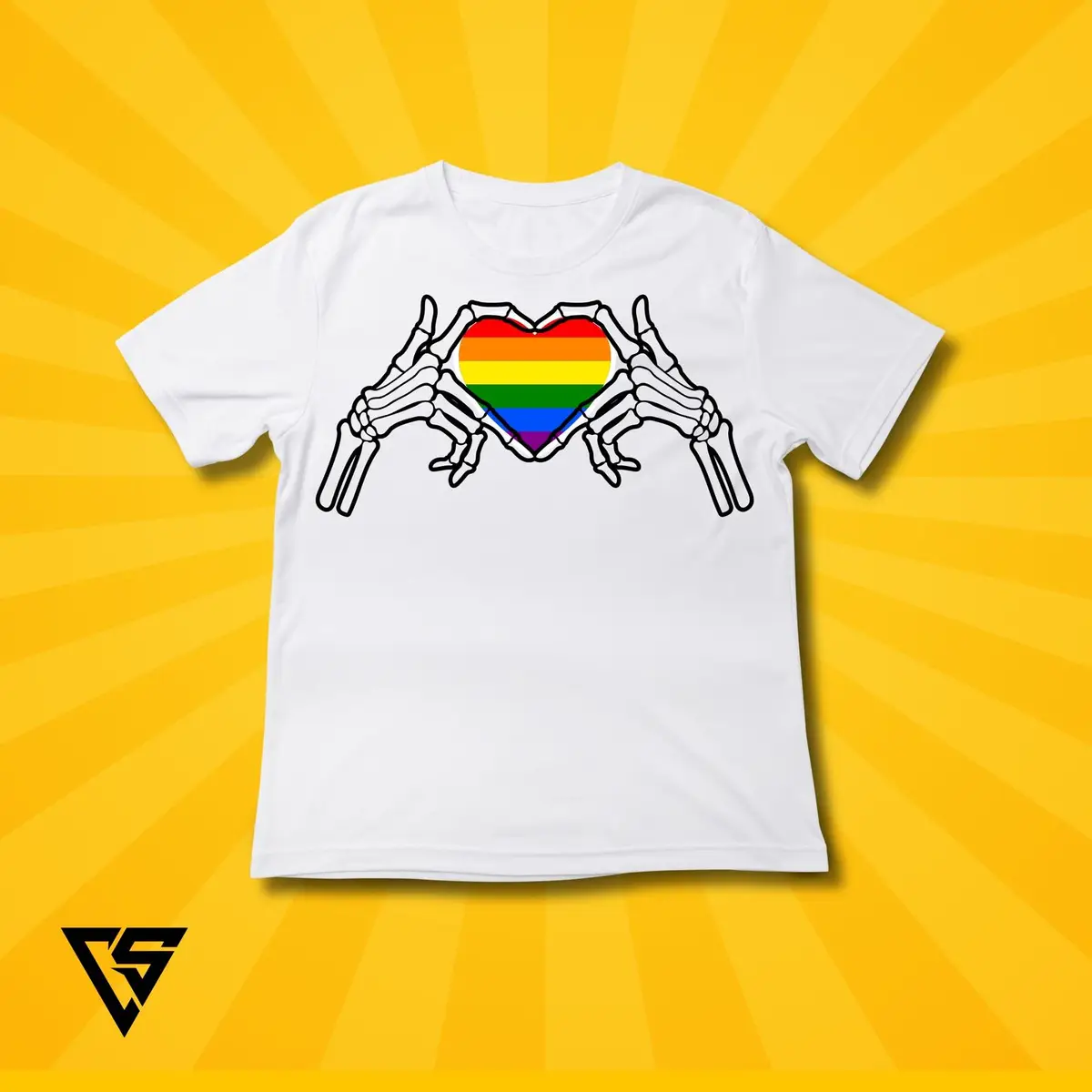 White T-Shirt with Skeleton Hands Rainbow Heart Graphic