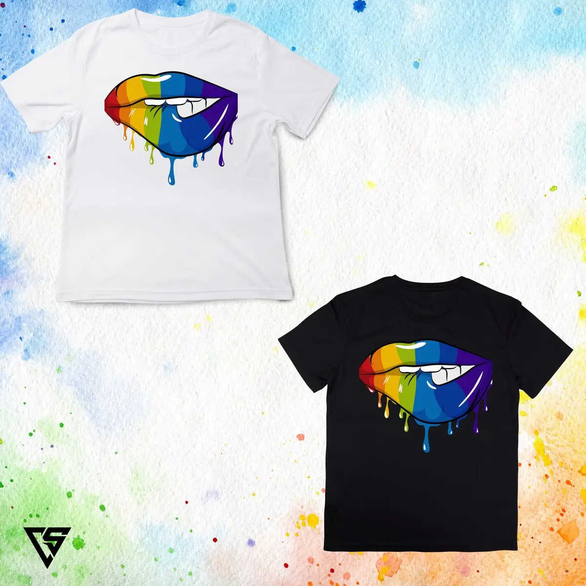White T-Shirt with Rainbow Melting Lips Graphic