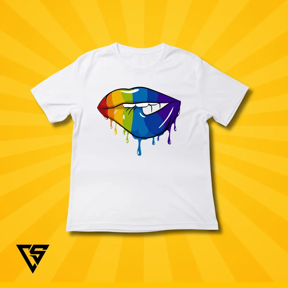 White T-Shirt with Rainbow Melting Lips Graphic