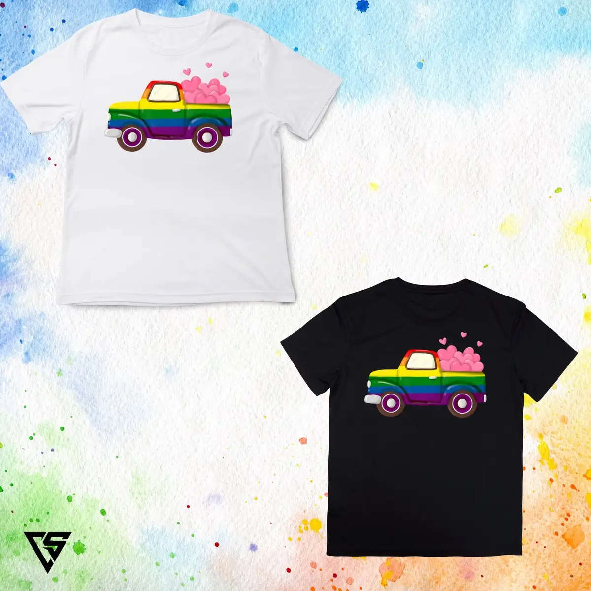 White Graphic T-Shirt with Rainbow Truck