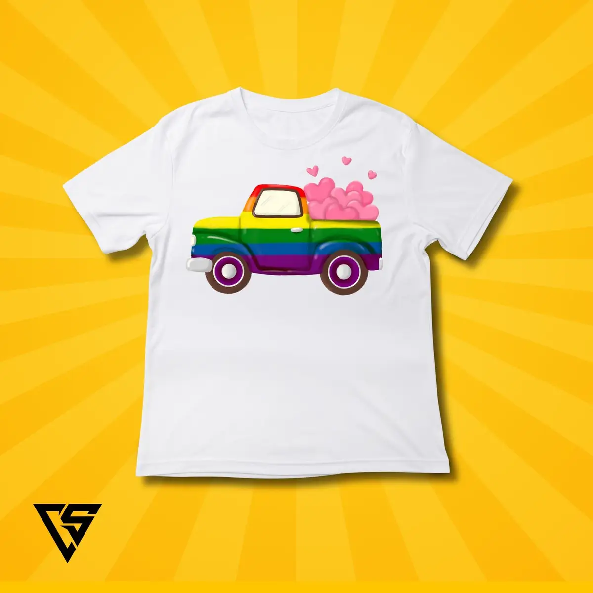 White Graphic T-Shirt with Rainbow Truck