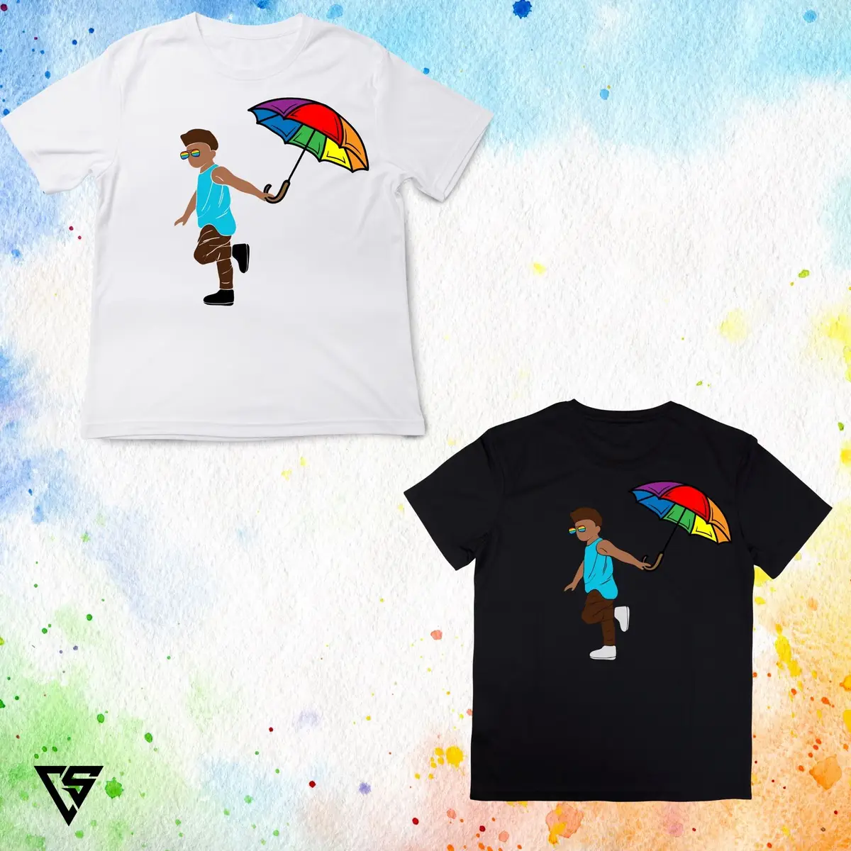 White Graphic T-Shirt with Rainbow Umbrella Character