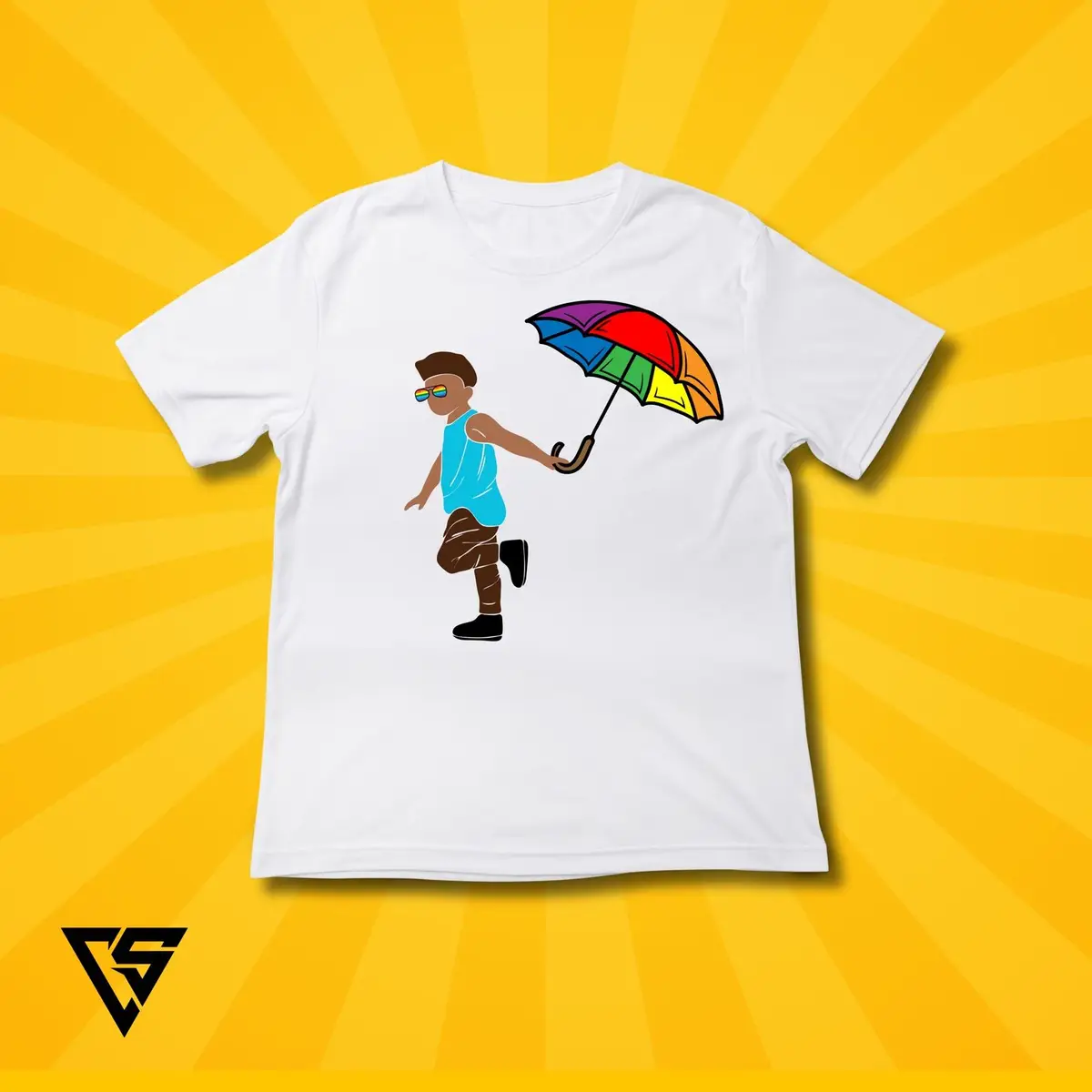 White Graphic T-Shirt with Rainbow Umbrella Character
